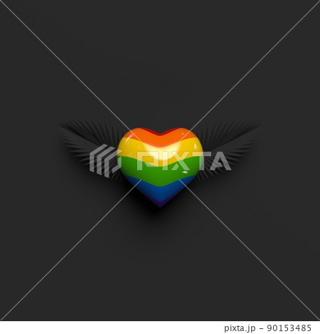 Pride LGBT 3d glossy heart with wings. Lesbian gay bisexual transgender concept love symbol. Rainbow flag, black background. 3d rendering illustration. 90153485