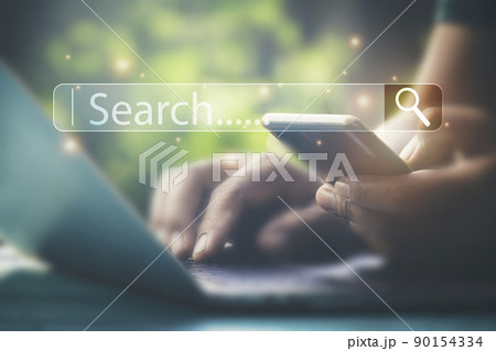 Hand man using laptop and Searching browsing data on the Internet online.network,media, keyword,Digital Web,Photo concept Searching information of and Technology. 90154334