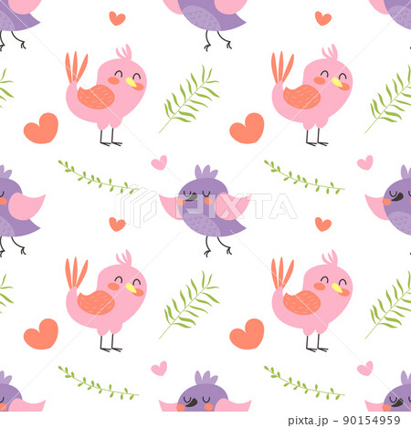 cute seamless pattern with pink birds on branches background EPS 90154959