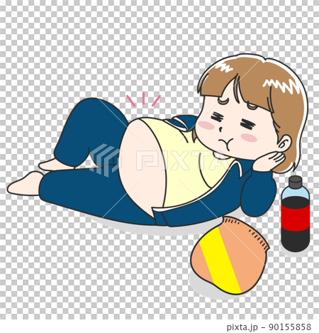 ダラダラして太った女性のイラスト 90155858