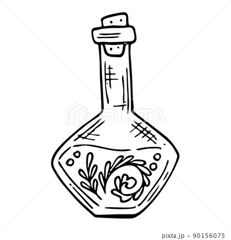 Vector doodle bottle of magic potion. Witchcraft glass bottle. Alchemy elixir in glass flask. Hand drawn illustration of witch poison. 90156075