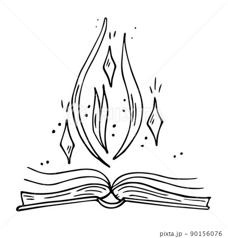 Vector hand drawn opened doodle magic book cartoon. Wizard book of spells. 90156076
