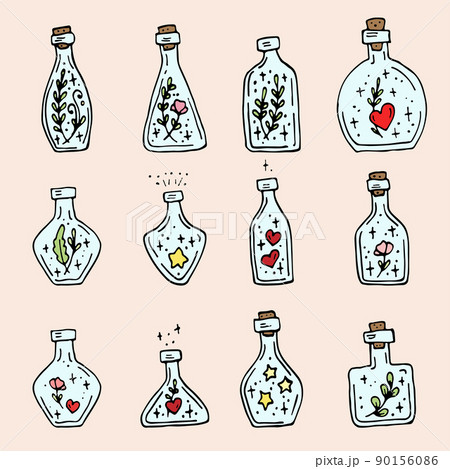Potion bottles set. Alchemy set. Vector icons of glass flasks with magic elixir. Witch poison, love potion, halloween. Alchemy elixir in glass flask. Hand drawn illustration 90156086