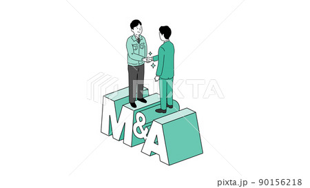 M&Aの文字の上で握手する中年経営者のイラスト、ベクター 90156218