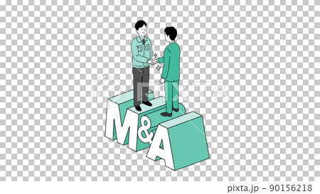 M&Aの文字の上で握手する中年経営者のイラスト、ベクター 90156218