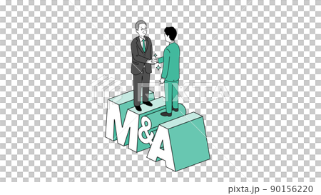 M&Aの文字の上で握手するシニア経営者のイラスト、ベクター 90156220