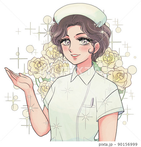 レトロ少女漫画風イラスト・白衣の天使、薔薇とキラキラ 90156999