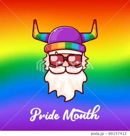 Funky old gay with beard, summer sunglasses, and funny hat with LGBT rainbow horns isolated on gradient with pride colors flag. Gay pride icon, symbol or homosexual graphic label for printing on tee 90157412