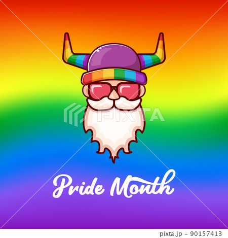 Funky old gay with beard, summer sunglasses, and funny hat with LGBT rainbow horns isolated on gradient with pride colors flag. Gay pride icon, symbol or homosexual graphic label for printing on tee 90157413