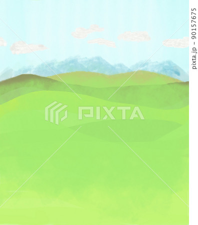 草原と草と霧がかかった山の風景イラスト_背景_横シームレスのイラスト 