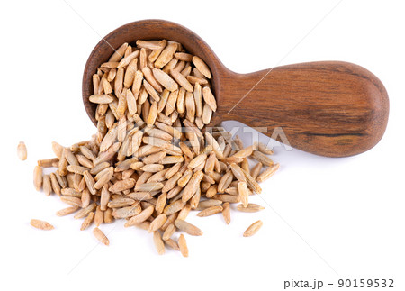 Rye grains isolated on white background. Pile of rye malt seeds in wooden spoon. Dry grains of winter rye. 90159532