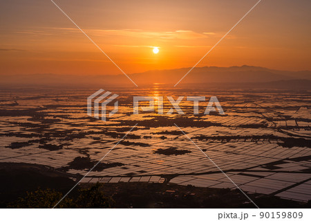 《新潟県》越後平野の夜明け・水鏡の田園風景 90159809