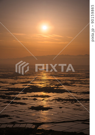 《新潟県》越後平野の夜明け・水鏡の田園風景 90159865