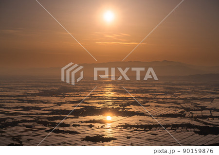 《新潟県》越後平野の夜明け・水鏡の田園風景 90159876