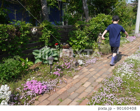 植物がたくさん植えられた庭を歩く子ども(後ろ姿) 90160408