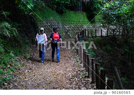 Hiker woman's with backpack walking in forest 90160565