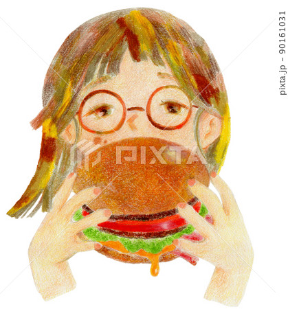 柔らかい雰囲気の ハンバーガーを食べるメガネをかけた女の子のイラストのイラスト素材