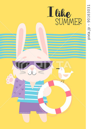 Tropical summer card - I like summer. Cute rabbit in sun glasses and beachwear with lifebuoy and seagull. Vector illustration. Summer hare for design, print, postcards, flyers. Tropical summer card - I like summer. Cute rabbit in sun glasses and beachwear with lifebuoy and seagull. Vector illustration. Summer hare for design, print, postcards, flyers. 90163031
