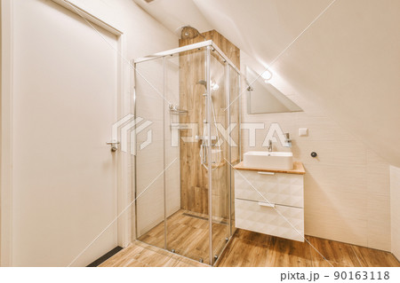 Bath on the top with shelf and brown parquet Bath on the top with shelf and brown parquet 90163118