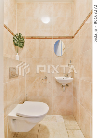 Bathroom interior finished with marble tiles with a toilet and sink in a modern house Bathroom interior finished with marble tiles with a toilet and sink in a modern house 90163272