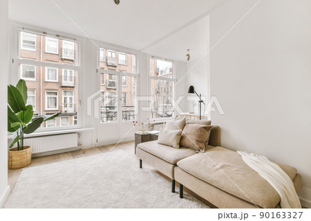 Comfortable sofa placed on soft carpet near windows in cozy light living room in modern flat 90163327
