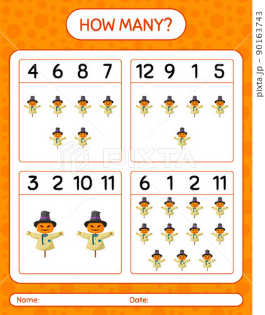 How many counting game with scarecrow. worksheet for preschool kids, kids activity sheet How many counting game with scarecrow. worksheet for preschool kids, kids activity sheet 90163743