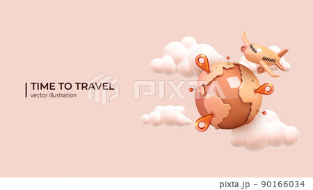 Airplane flies around the planet in beautiful white clouds. Airplane flies around the planet in beautiful white clouds. 90166034
