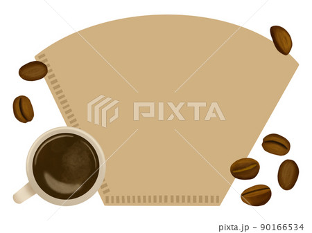 ホットコーヒーとコーヒー豆、コーヒーフィルターのリアルタッチイラスト　背景素材　コピースペースあり 90166534