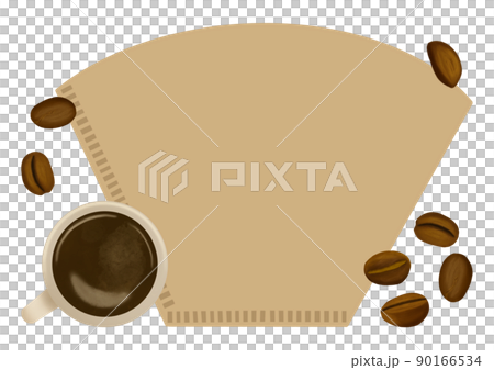 ホットコーヒーとコーヒー豆、コーヒーフィルターのリアルタッチイラスト　背景素材　コピースペースあり 90166534