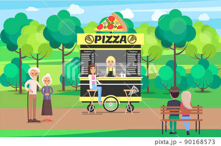 Delicious Pizza Street Cart with Vendor in Park 90168573