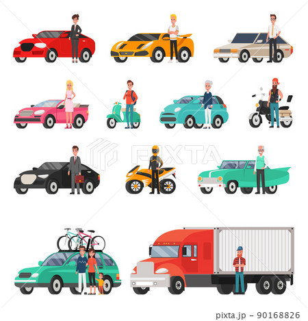 Modern Cars and Truck with Drivers Beside Set Modern Cars and Truck with Drivers Beside Set 90168826