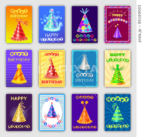 Happy Birthday Posters Set Hats for Party Vector 90169005