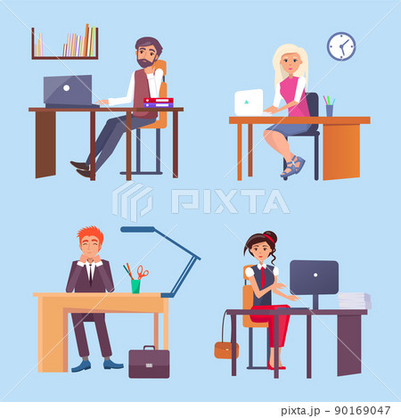 Office Employees Sit at Desks with Computers Set 90169047