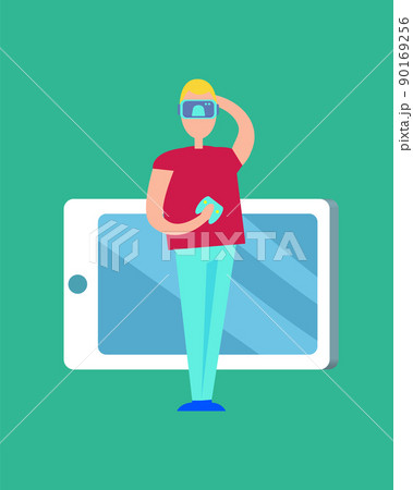 Man in VR Glasses and Big Device Icon Color Poster 90169256