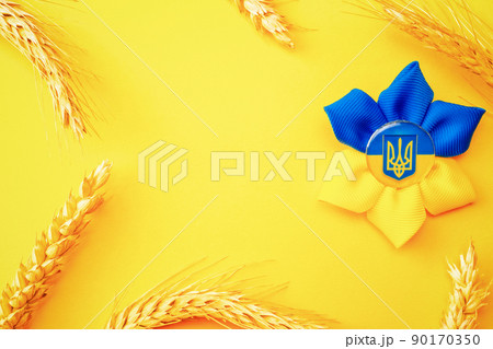 Ukraine flag symbol background. Ukrainian flower trident symbol with wheat grain ear isolated on yellow banner. Support Ukraine concept. Ukraine flag symbol background. Ukrainian flower trident symbol with wheat grain ear isolated on yellow banner. Support Ukraine concept. 90170350