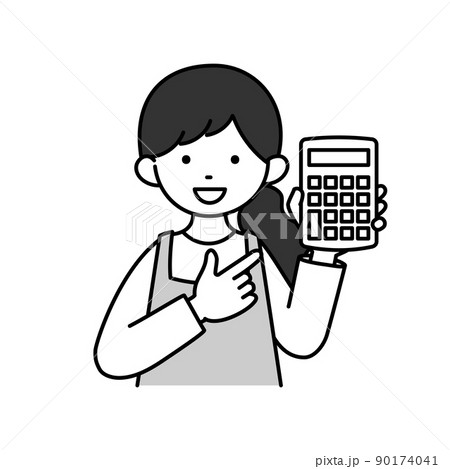 電卓を持って説明する主婦のモノクロイラストのイラスト素材