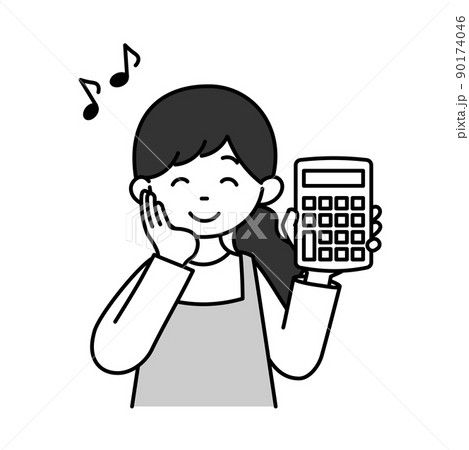 電卓を持って喜ぶ主婦のモノクロイラストのイラスト素材