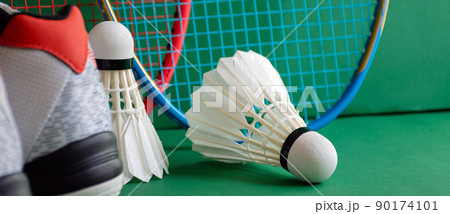 Badminton sports equipments, racket, shuttlecocks and shoes, on court, Badminton sports equipments, racket, shuttlecocks and shoes, on court, 90174101