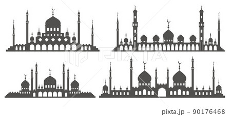 Mosque with minarets silhouettes. Islamic architecture set on skyline. Istanbul cityscape isolated on white background. Mosque with minarets silhouettes. Islamic architecture set on skyline. Istanbul cityscape isolated on white background. 90176468