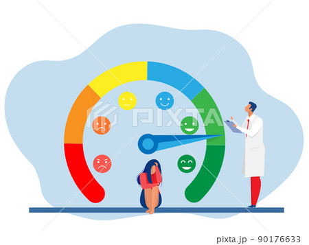 People are on the mood scale,Emotion overload, burnout and fatigue from work. Stress level meter gauge emotion stages. 90176633