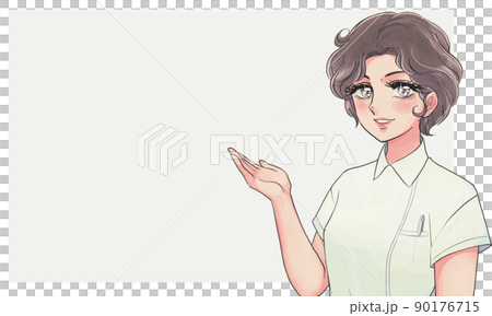 80's shojo manga style, a nurse in a white coat to introduce 90176715