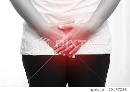 Woman having a stomachache, or menstruation pain. suffering from abdominal. Menstrual cramps. Healthcare and medical, gynecology concept. 90177288