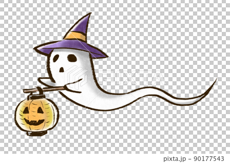 一個戴著女巫帽子,拿著南瓜燈籠的鬼的插圖 一個戴著女巫帽子,拿著南瓜燈籠的鬼的插圖 90177543