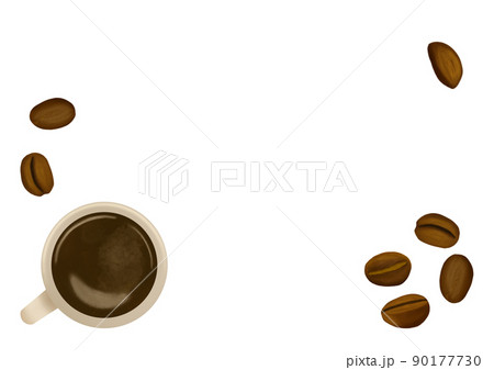 ホットコーヒーとコーヒー豆のリアルタッチイラスト 背景 フレーム コピースペースあり ホットコーヒーとコーヒー豆のリアルタッチイラスト 背景 フレーム コピースペースあり 90177730