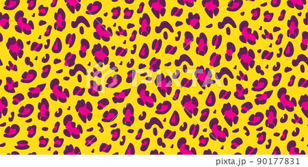 Leopard pink and yellow seamless pattern. Animalistic print for fabric, paper. Vector hand-drawn background 90177831