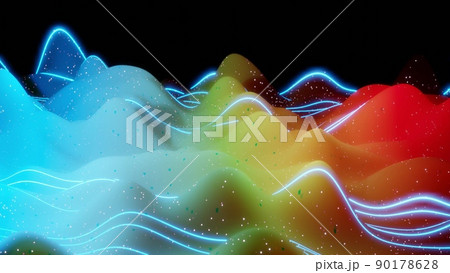 3d rendering. Abstract 3D surface with beautiful waves, luminous sparkles and bright blue red yellow color gradient. Waves on matte surface with glow glitter 90178628