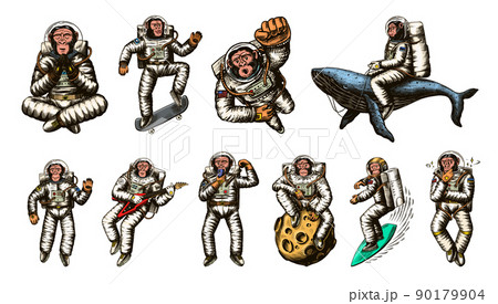 Monkey astronaut with whale, guitar, skateboard and moon. Chimpanzee spaceman cosmonaut characters 90179904