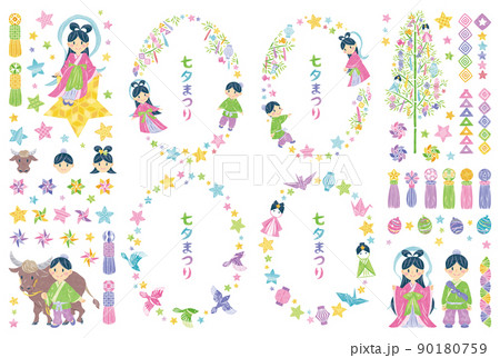 7月　七夕まつり　織姫と彦星　イラスト素材　縦長丸フレームセット 90180759
