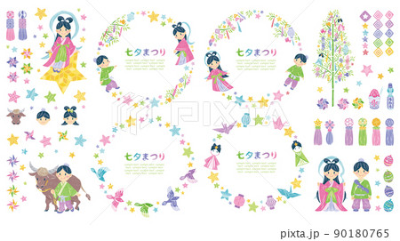 7月 七夕まつり 織姫と彦星 イラスト素材 丸フレームセット 7月 七夕まつり 織姫と彦星 イラスト素材 丸フレームセット 90180765