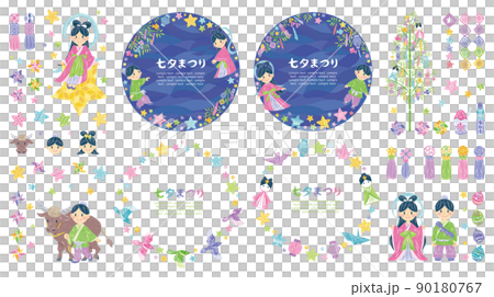 7 月七夕節 Orihime 和 Hikoboshi 插圖素材圓形框架集 90180767